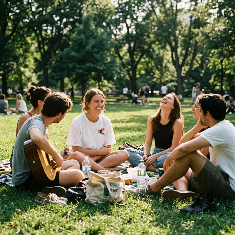 Vrouw draagt Shirtival colibri T-shirt in zonnig stadspark