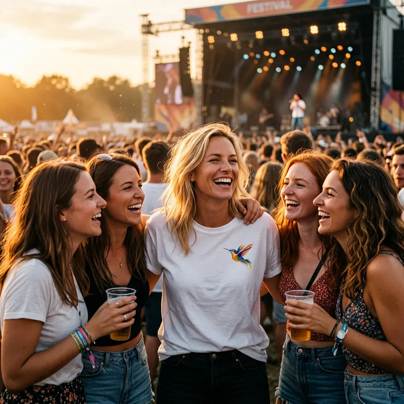 Blonde vrouw in Shirtival colibri T-shirt met vriendinnen op festival