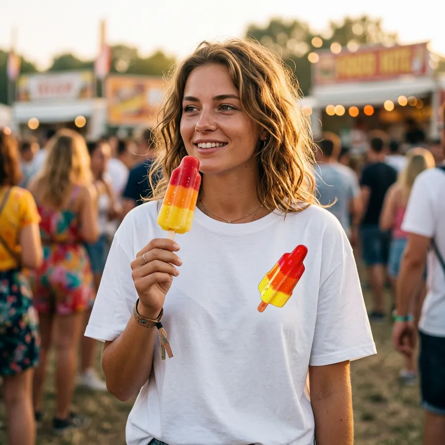 Lachende vrouw met ijsje in Shirtival raketijsje T-shirt tijdens Down The Rabbit Hole festival