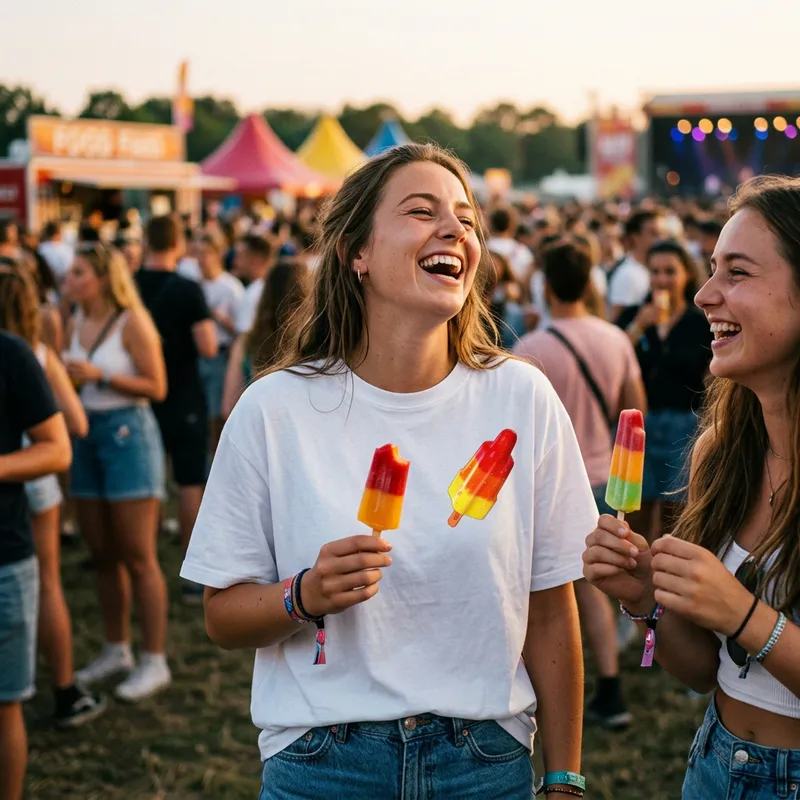 Twee vriendinnen met Shirtival raketijsje T-shirt en ijsjes op zomerfestival