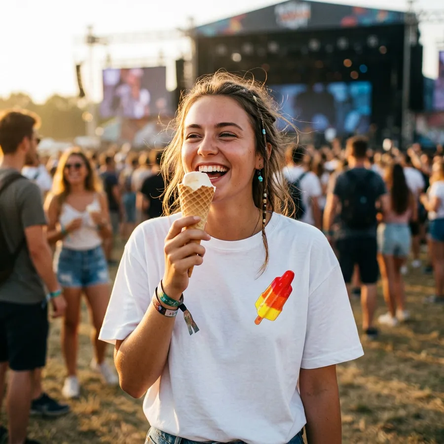 Vrouw met ijsje draagt Shirtival raketijsje T-shirt op Lowlands festival