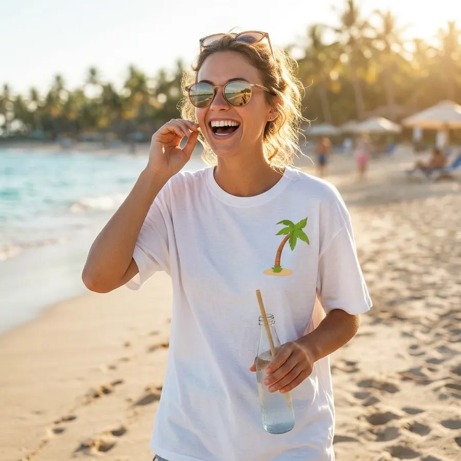 Vrouw in Shirtival palmboom T-shirt lacht op het strand van Scheveningen