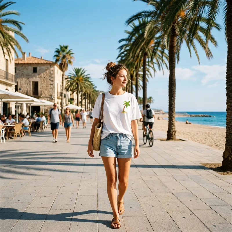 Vrouw draagt Shirtival palmboom T-shirt op een zonnige strandboulevard