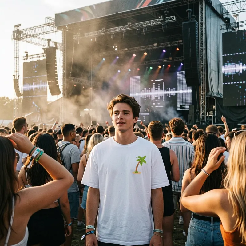 Jongen met Shirtival palmboom T-shirt voor de mainstage van een festival