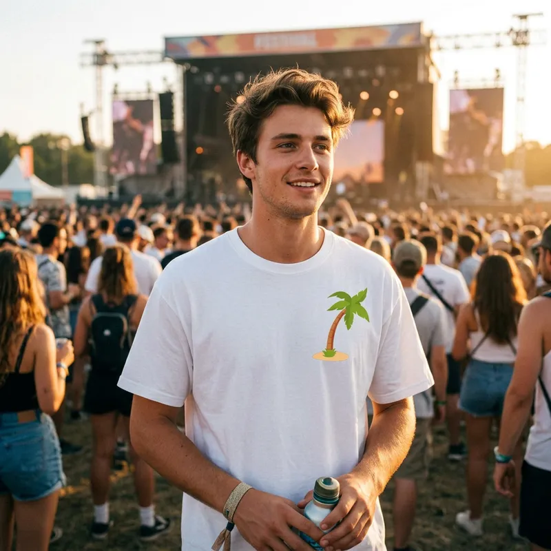 Jongen met Shirtival palmboom T-shirt bij de mainstage tijdens een festival