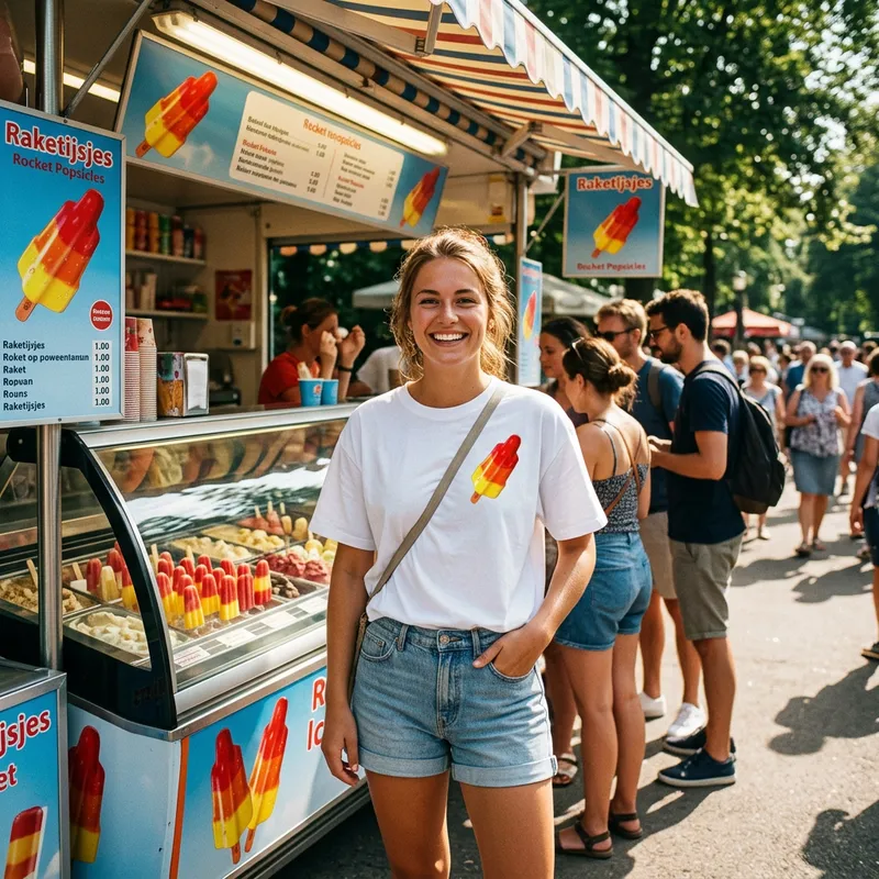 Vrouw met Shirtival raketijsje T-shirt naast een ijskraam