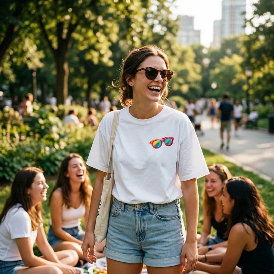 Vrouw met zonnebril en Shirtival zonnebril T-shirt in het Westerpark