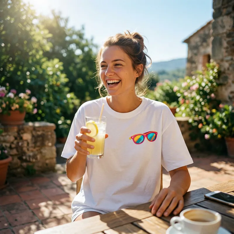 Vrouw met Shirtival zonnebril T-shirt op een zonnig terras in de zomer