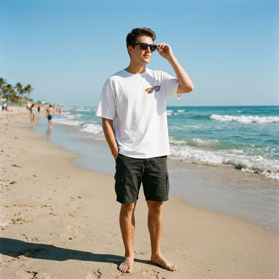 Jongen met Shirtival zonnebril T-shirt op het strand van Zandvoort