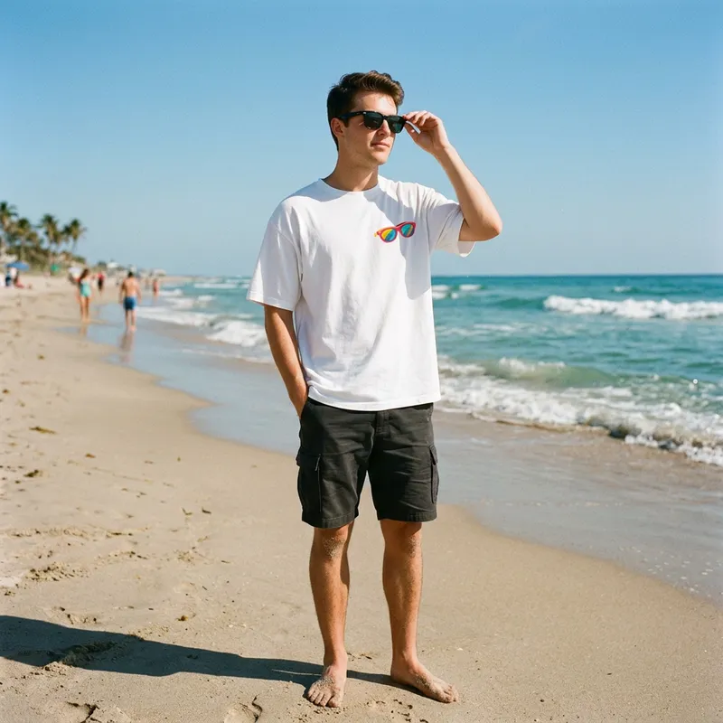 Jongen met Shirtival zonnebril T-shirt op het strand bij zonsondergang