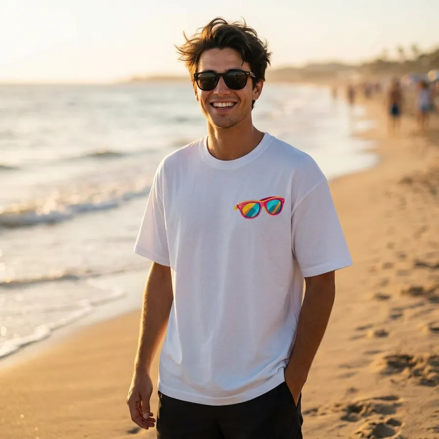 Jongen met zonnebril draagt Shirtival zonnebril T-shirt bij zonsondergang op het strand van Bloemendaal